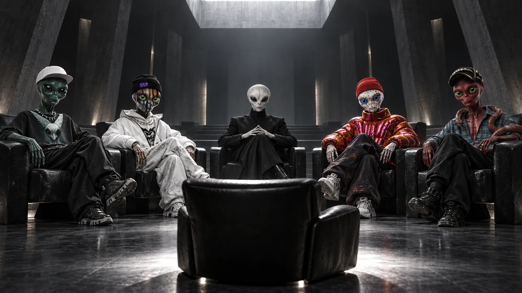 Five members of the Council seated in a dark brutalist chamber, facing one empty chair.